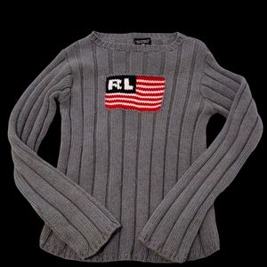 ⭐VTG. Ralph Lauren Polo Jeans Co. American Flag Iconic Sweater Gray Size M